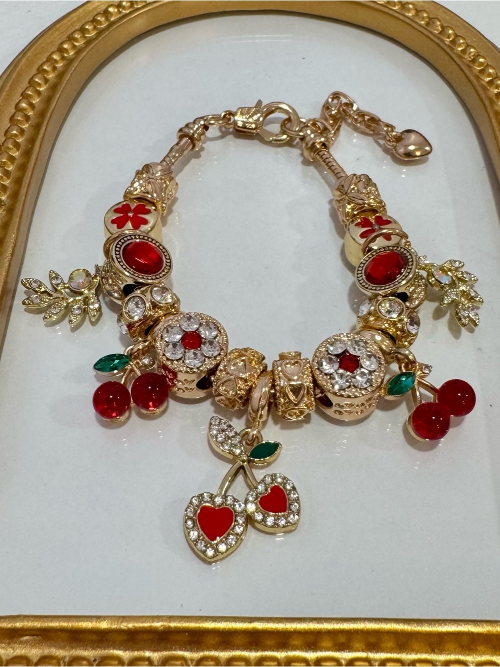 New Gold-Tone Cherry Charm Bracelet with Red Enamel Accents